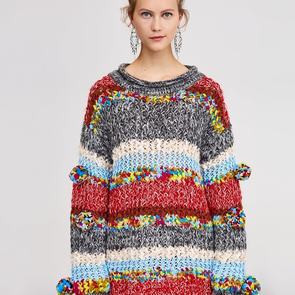 New Zara Pom Pom Knit Rainbow Sweater 